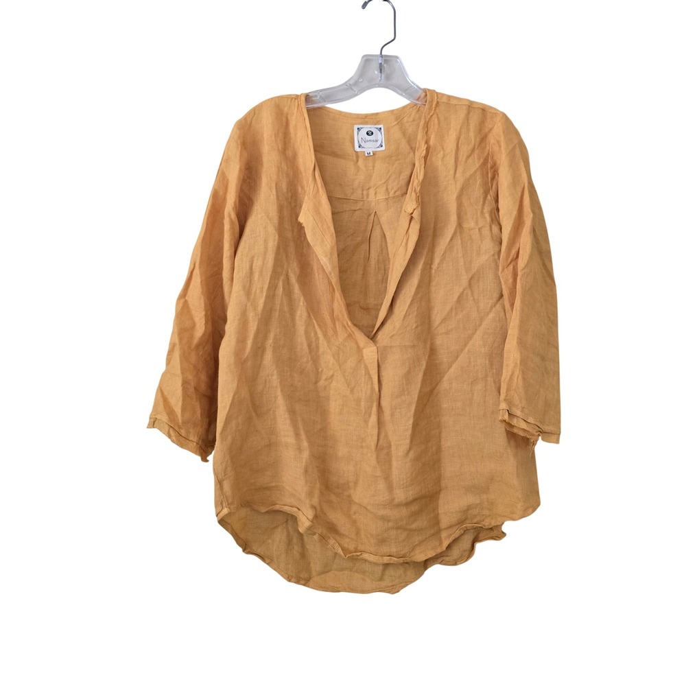 Namsar Mustard Yellow 100% Linen V-Neck Tunic Top Raw‎ Edge Boho Blouse Medium